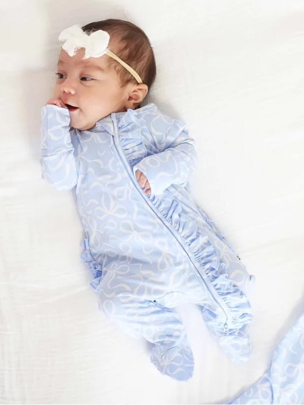 Caden Lane Blue-Tiful Bows Ruffle Zipper Footie Size 6-9 months